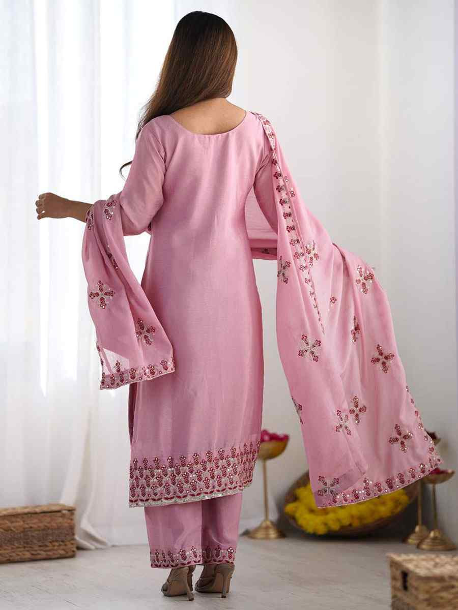Baby Pink Heavy Pure Chinon Silk Embroidered Party Wedding Ready pant Salwar Kameez