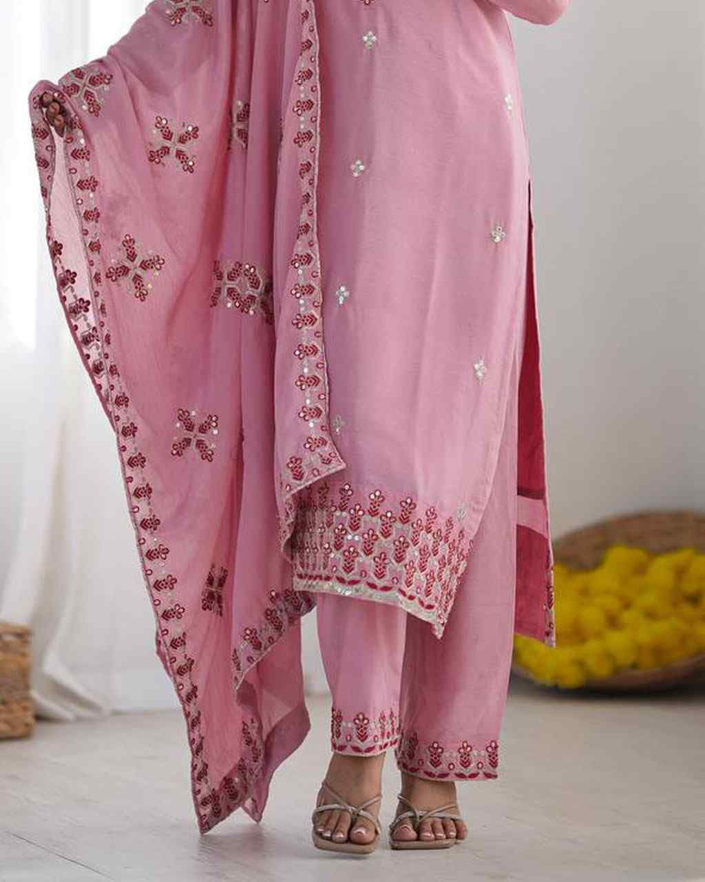 Baby Pink Heavy Pure Chinon Silk Embroidered Party Wedding Ready pant Salwar Kameez