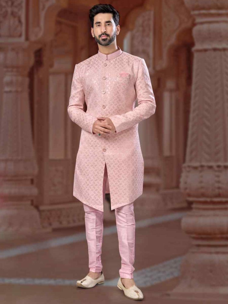 Baby Pink Jacquard Embroidered Groom Wedding Sherwani