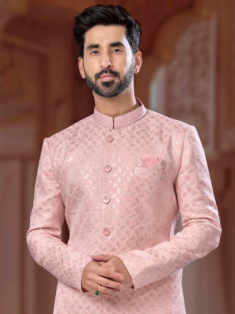 Baby Pink Jacquard Embroidered Groom Wedding Sherwani