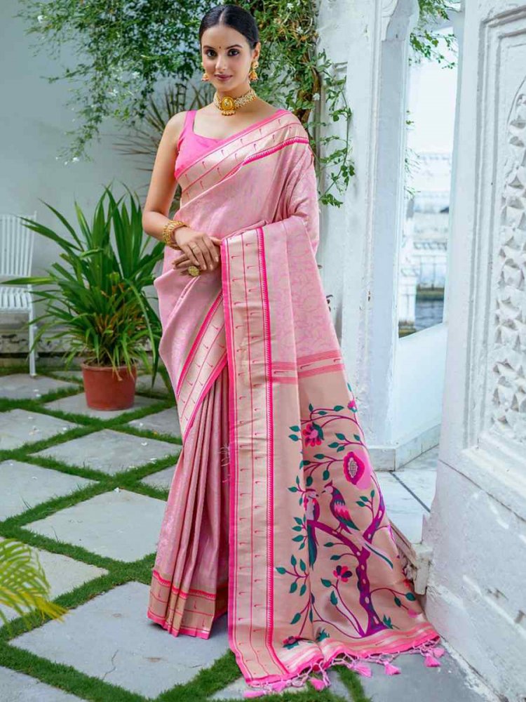 Baby Pink Kanjivaram Silk Handwoven Wedding Festival Heavy Border Saree