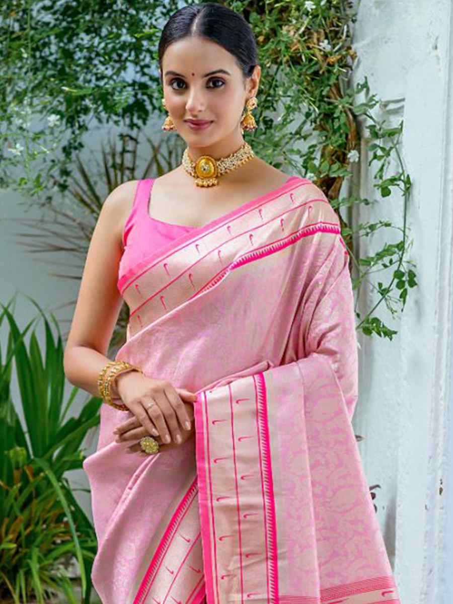 Baby Pink Kanjivaram Silk Handwoven Wedding Festival Heavy Border Saree