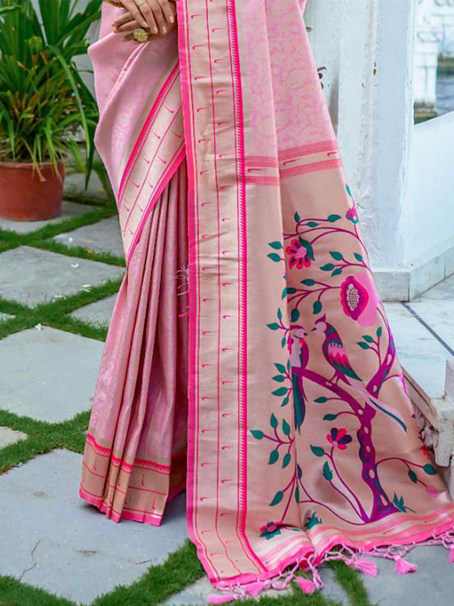 Baby Pink Kanjivaram Silk Handwoven Wedding Festival Heavy Border Saree