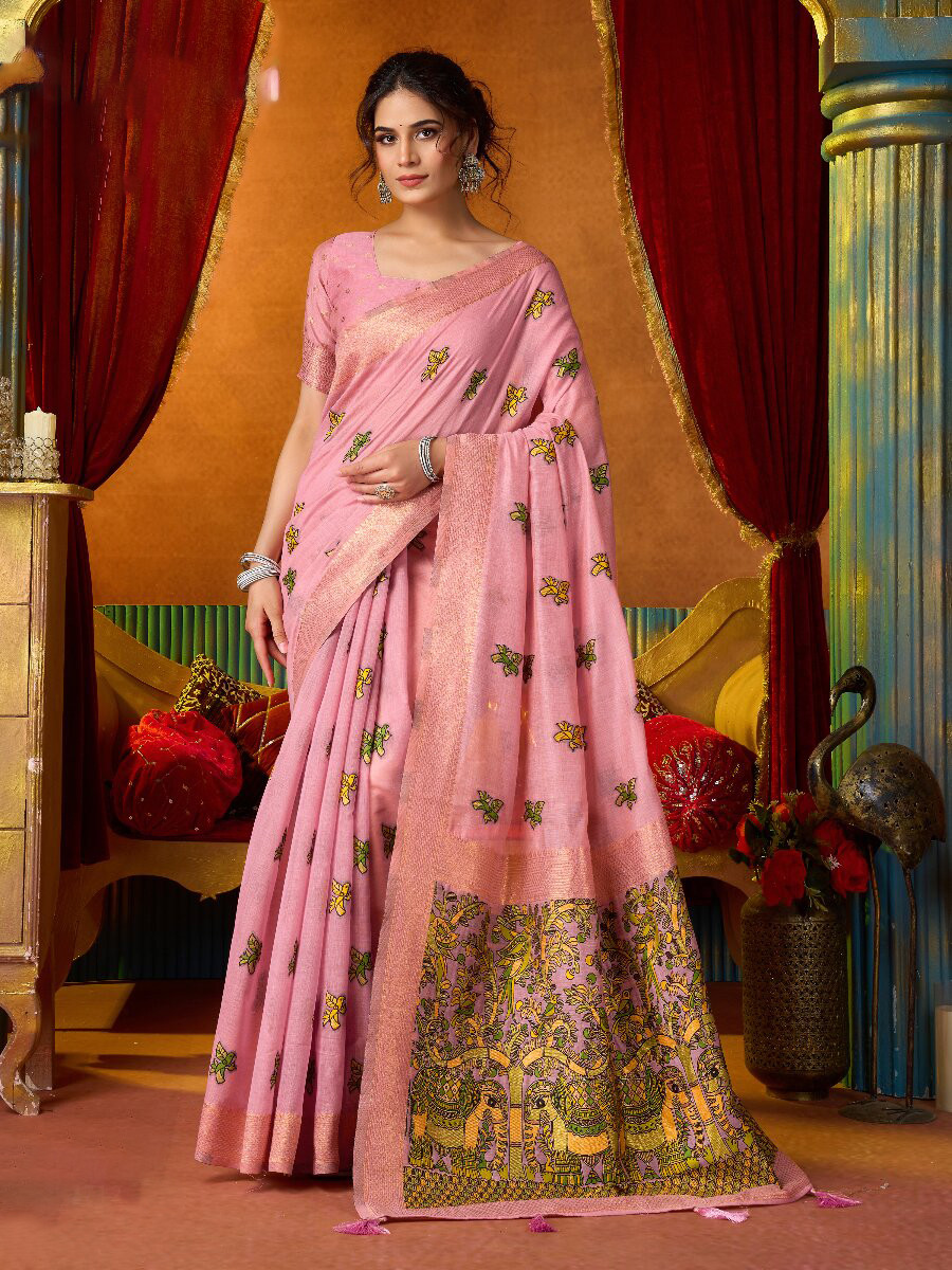 Baby Pink Khadi Cotton Katha Work Modal Wedding Reception Party Festival Casual Heavy Border Sarees