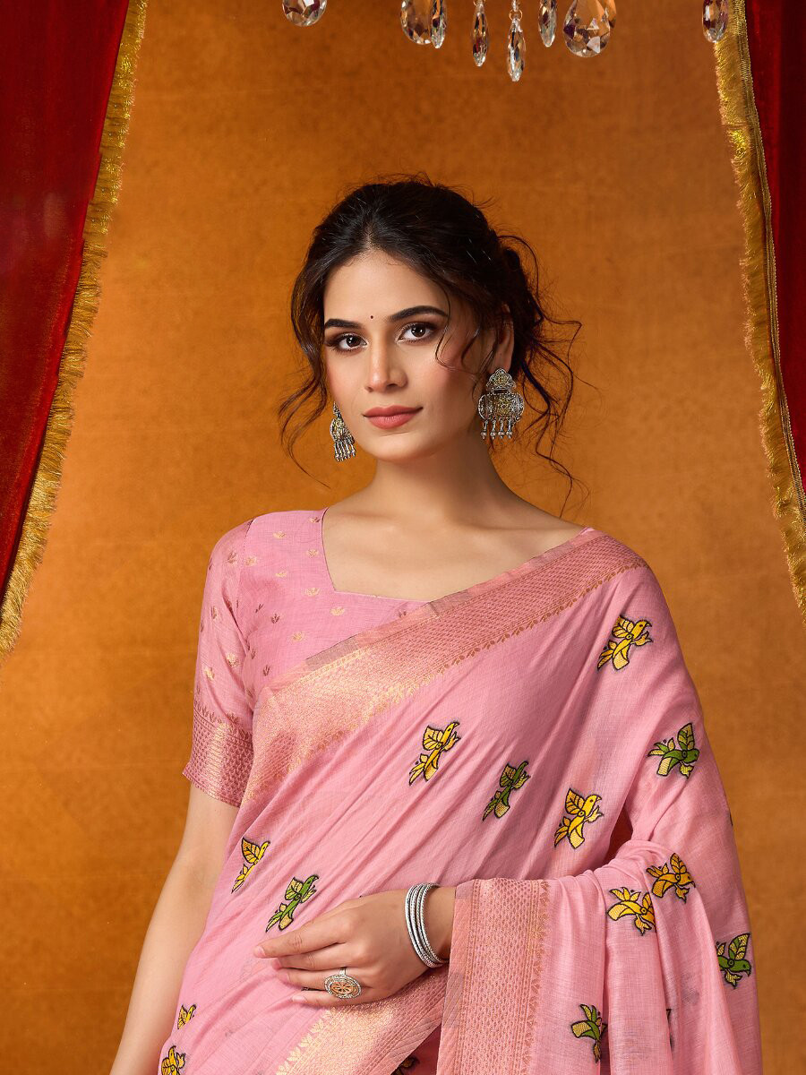 Baby Pink Khadi Cotton Katha Work Modal Wedding Reception Party Festival Casual Heavy Border Sarees
