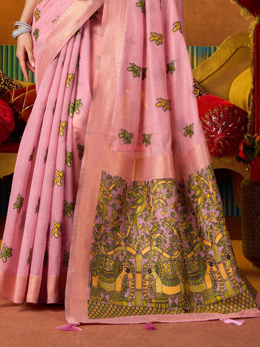 Baby Pink Khadi Cotton Katha Work Modal Wedding Reception Party Festival Casual Heavy Border Sarees