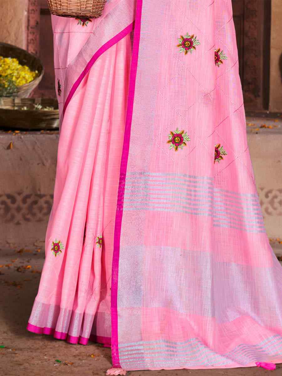 Baby Pink Linen Handwoven Casual Festival Heavy Border Saree