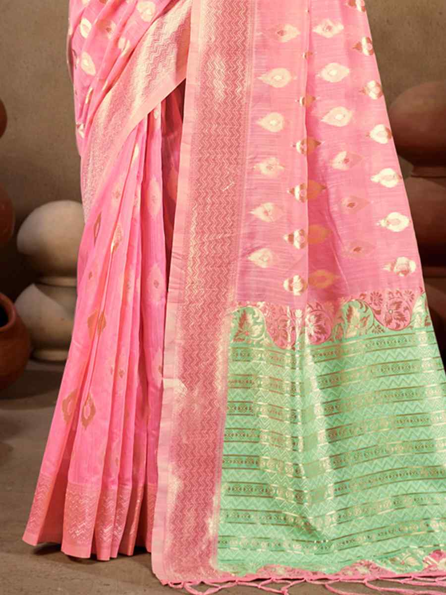 Baby Pink Linen Handwoven Wedding Festival Heavy Border Saree