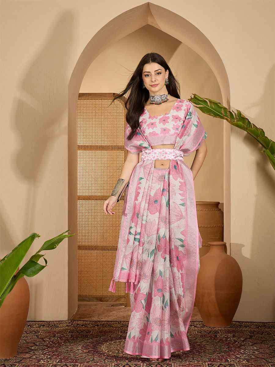 Baby Pink Linen Silver Zari Printed Casual Reception Festival Wedding Fancy Classic Style Sarees