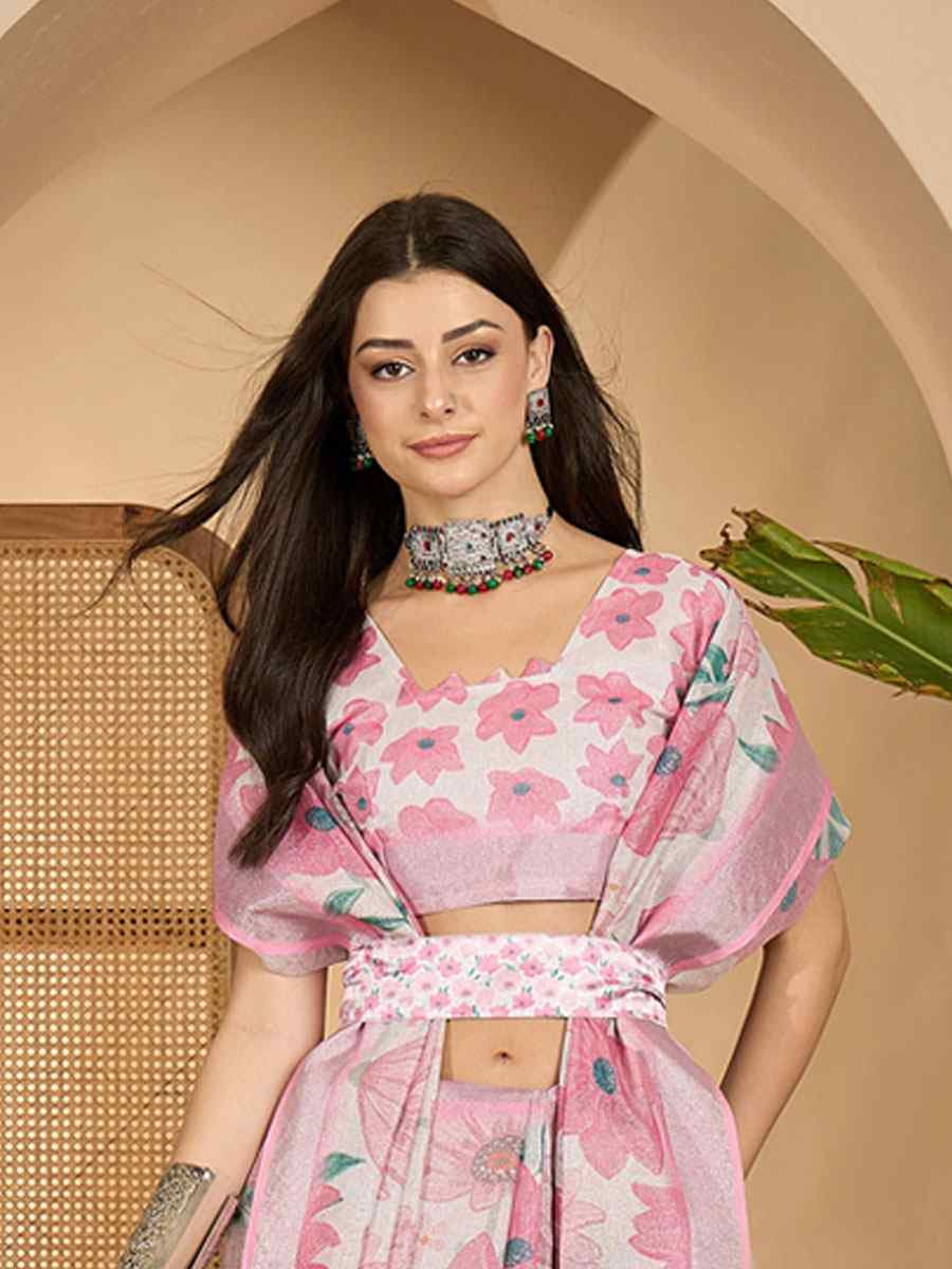 Baby Pink Linen Silver Zari Printed Casual Reception Festival Wedding Fancy Classic Style Sarees