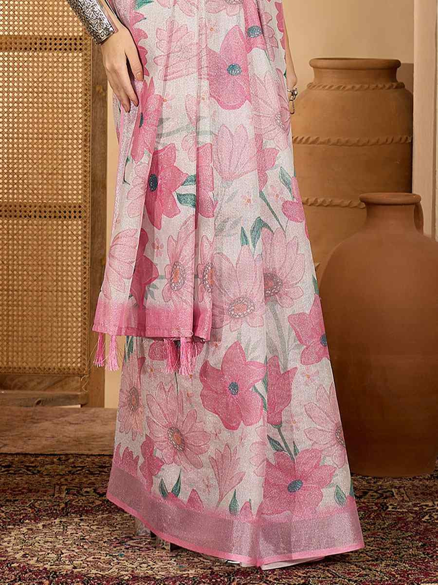 Baby Pink Linen Silver Zari Printed Casual Reception Festival Wedding Fancy Classic Style Sarees