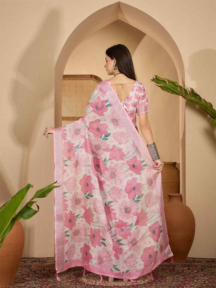 Baby Pink Linen Silver Zari Printed Casual Reception Festival Wedding Fancy Classic Style Sarees