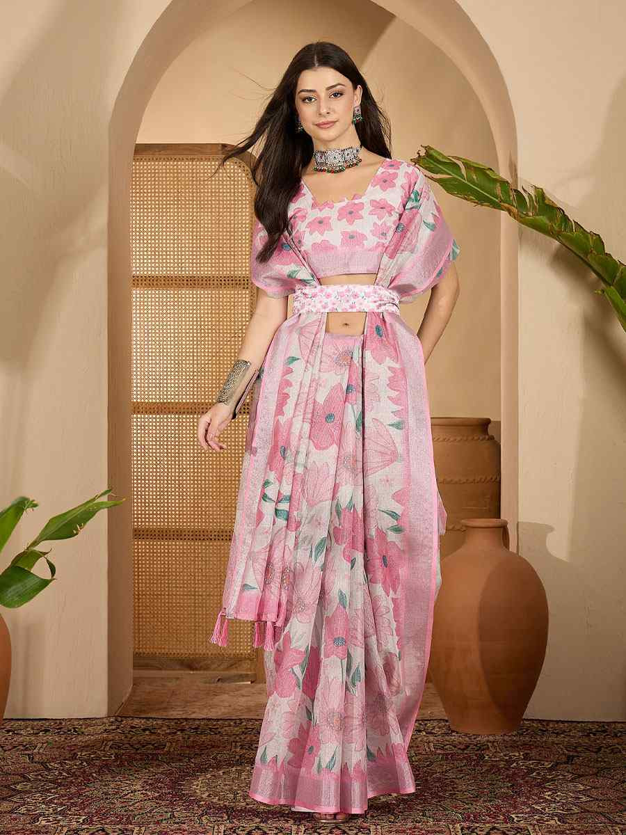 Baby Pink Linen Zari Silver Printed Casual Reception Festival Wedding Fancy Classic Style Sarees