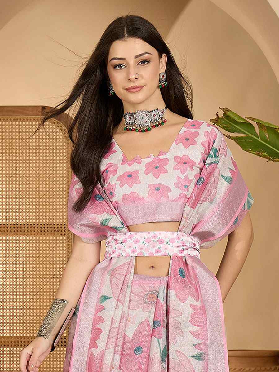 Baby Pink Linen Zari Silver Printed Casual Reception Festival Wedding Fancy Classic Style Sarees