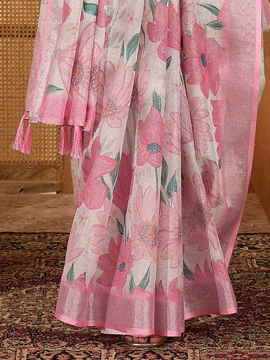 Baby Pink Linen Zari Silver Printed Casual Reception Festival Wedding Fancy Classic Style Sarees