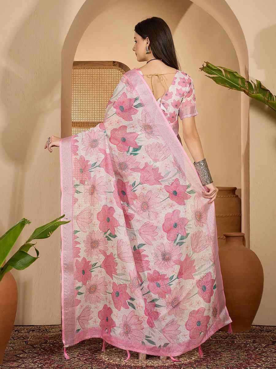 Baby Pink Linen Zari Silver Printed Casual Reception Festival Wedding Fancy Classic Style Sarees