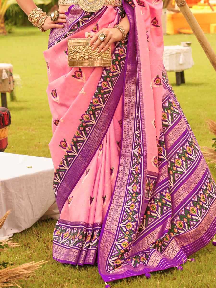 Baby Pink Mercerized Sigma Silk Handwoven Wedding Festival Heavy Border Saree