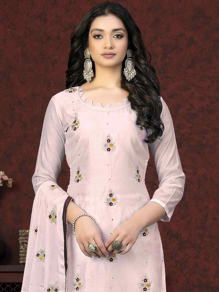 Baby Pink Modal Chanderi Embroidered Casual Festival Pant Salwar Kameez