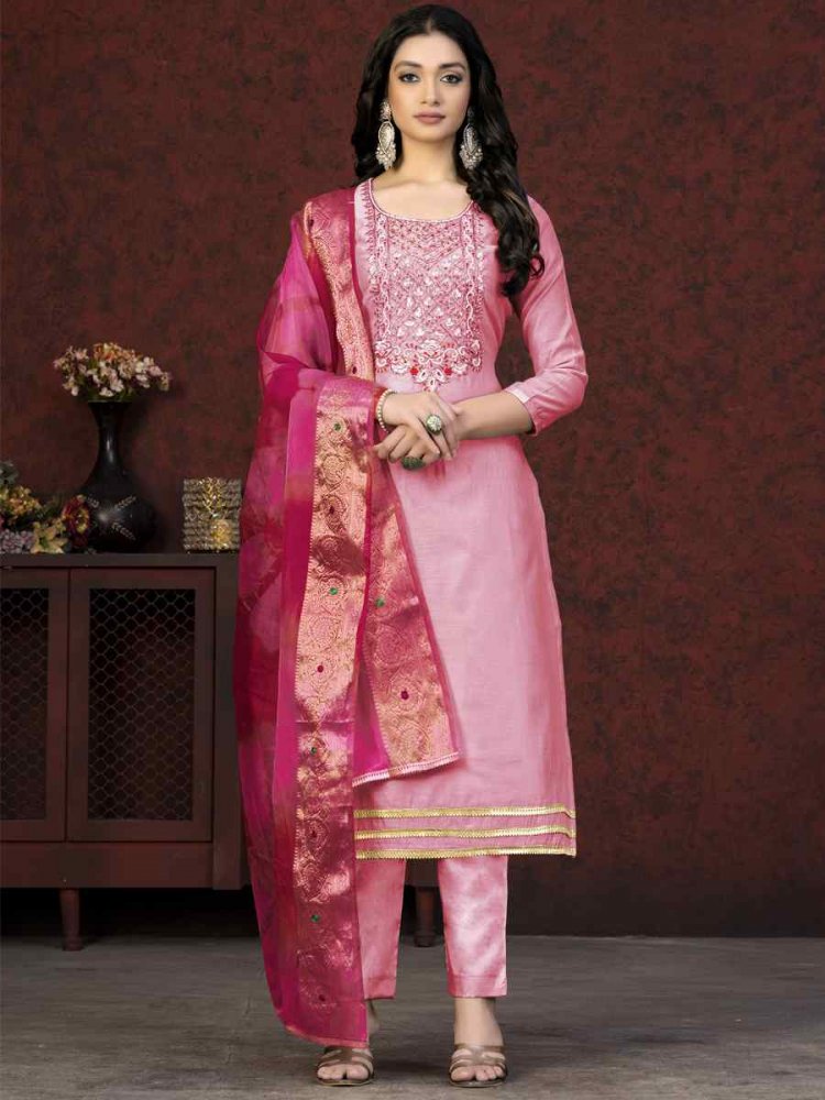 Baby Pink Modal Chanderi Embroidered Casual Festival Pant Salwar Kameez