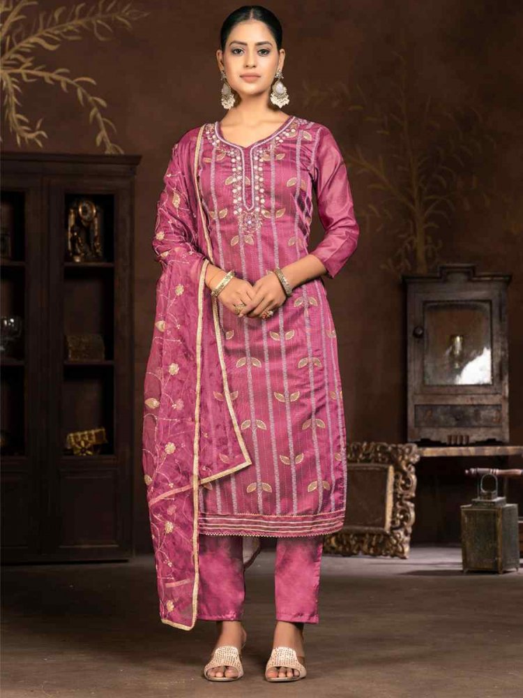 Baby Pink Modal Cotton Jacquard Embroidered Casual Festival Pant Salwar Kameez