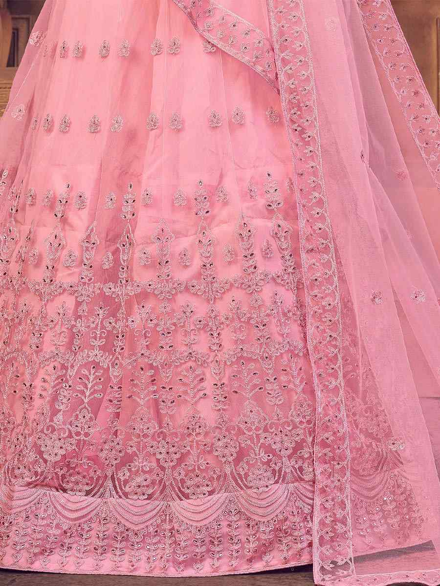 Baby Pink Net Embroidered Festival Party Wear Circular Lehenga Choli