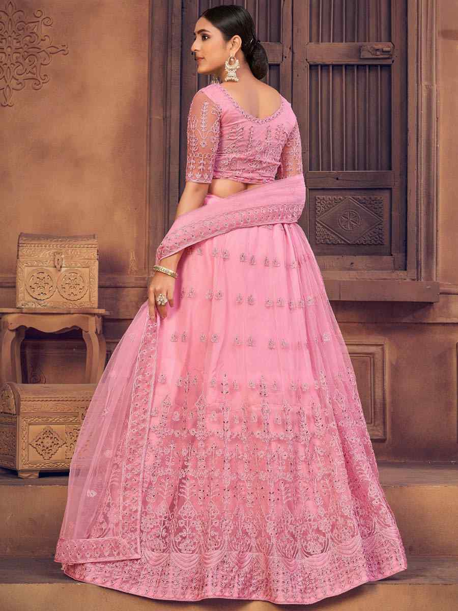Baby Pink Net Embroidered Festival Party Wear Circular Lehenga Choli