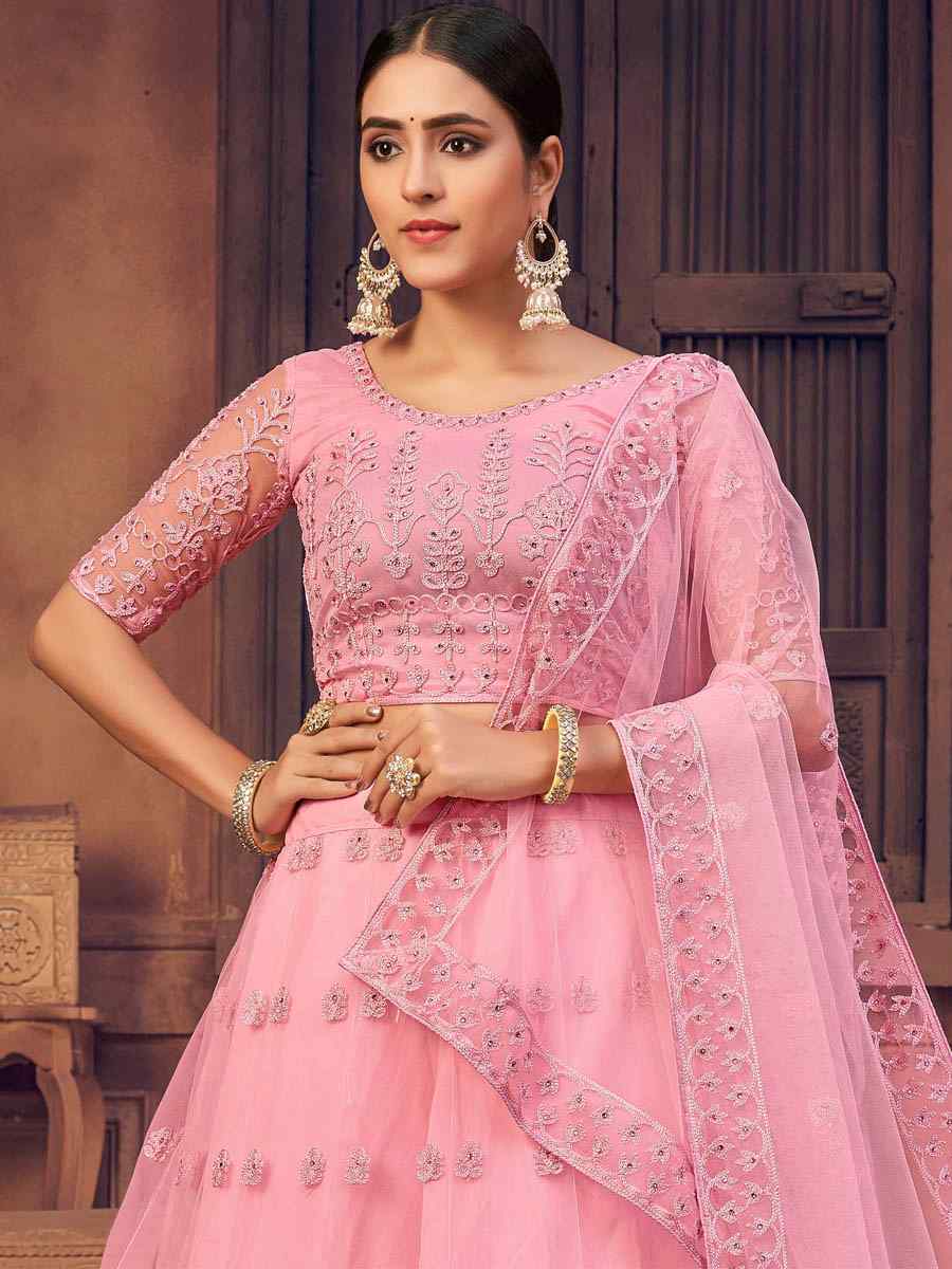 Baby Pink Net Embroidered Festival Party Wear Circular Lehenga Choli