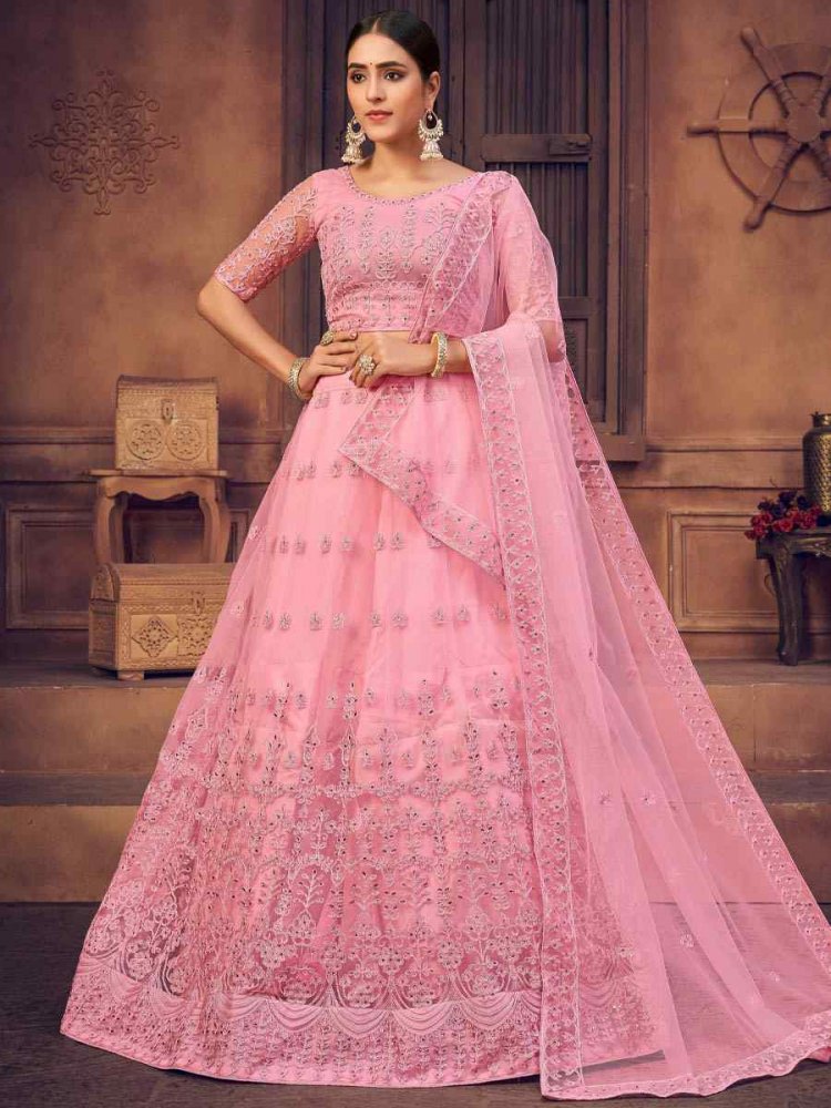 Baby Pink Net Embroidered Festival Party Wear Circular Lehenga Choli