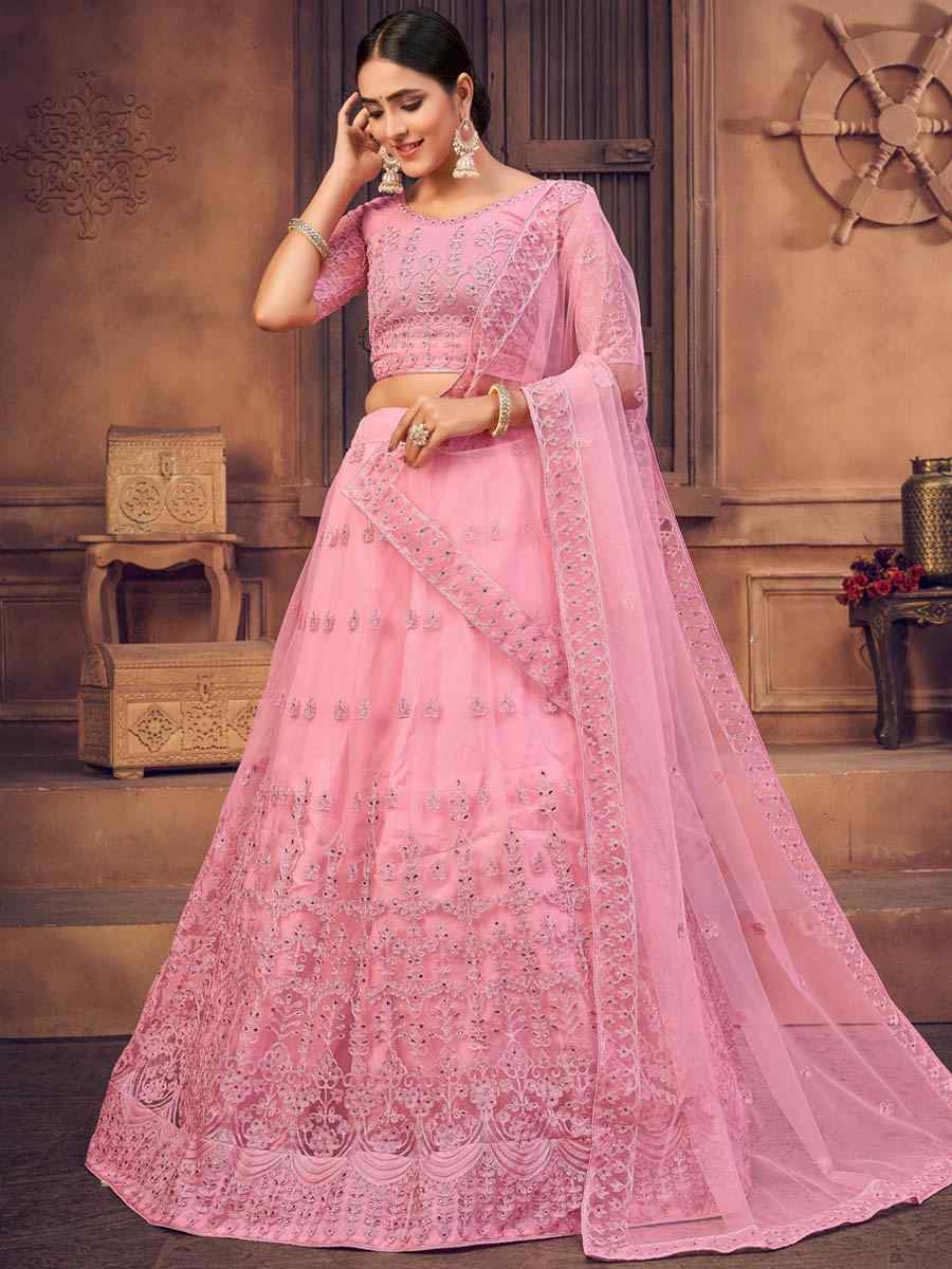 Baby Pink Net Embroidered Festival Party Wear Circular Lehenga Choli