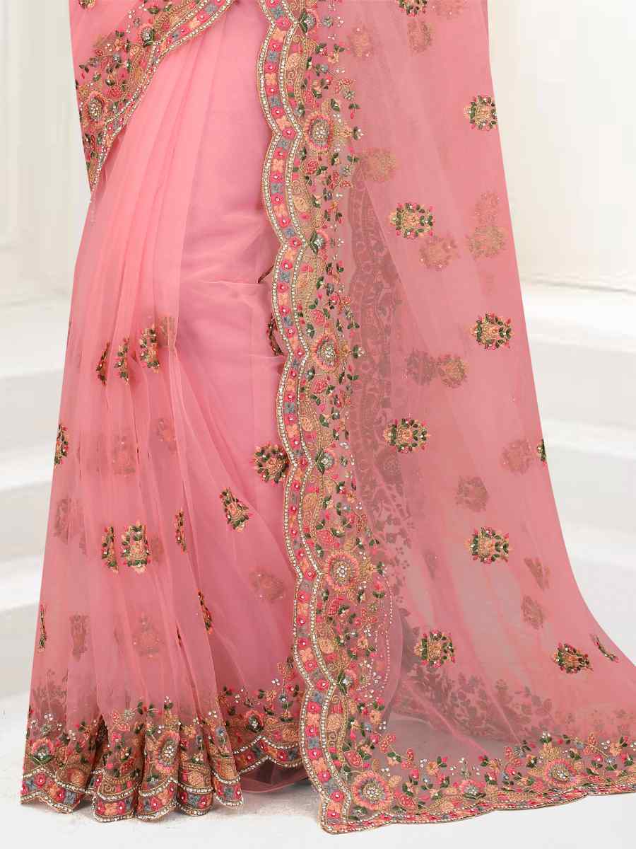 Baby Pink Net Embroidered Party Wedding Heavy Border Saree