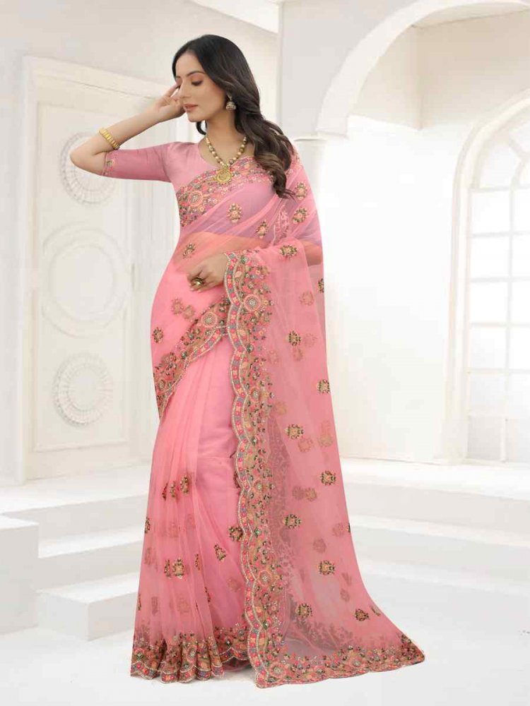 Baby Pink Net Embroidered Party Wedding Heavy Border Saree