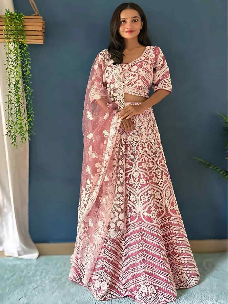 Baby Pink Net Embroidered Wedding Festival Heavy Border Lehenga Choli