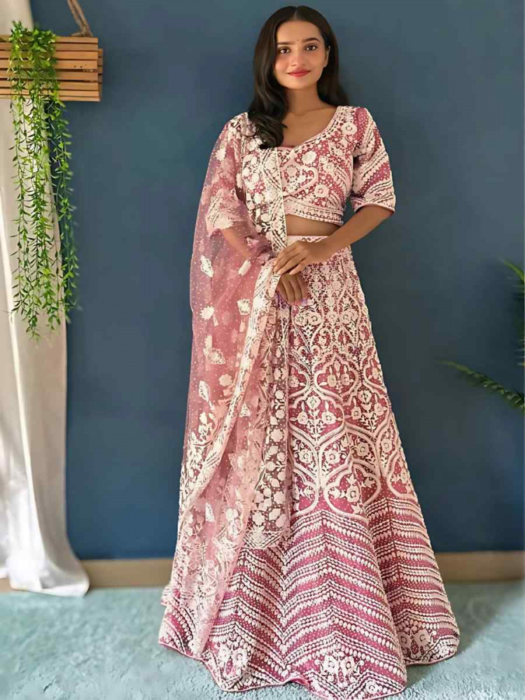 Baby Pink Net Embroidered Wedding Festival Heavy Border Lehenga Choli