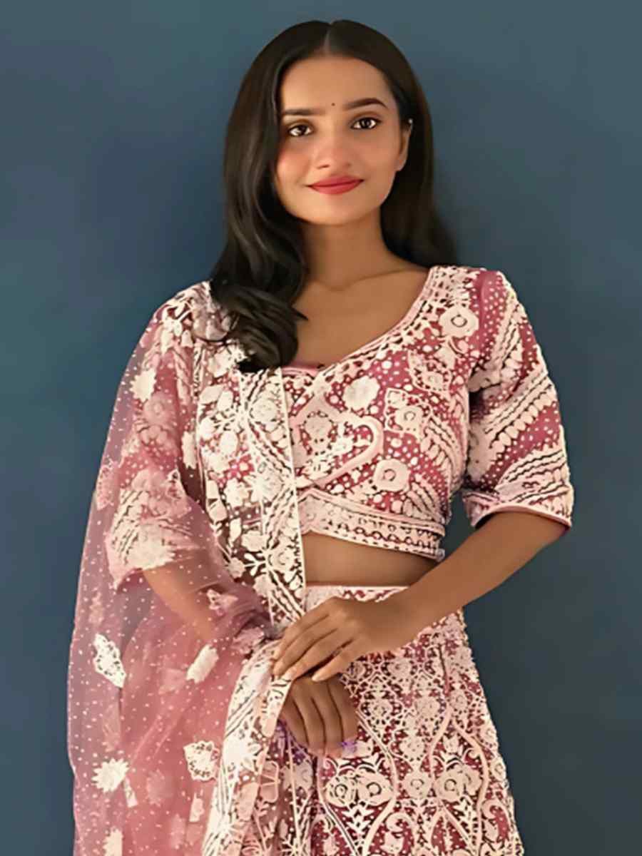 Baby Pink Net Embroidered Wedding Festival Heavy Border Lehenga Choli