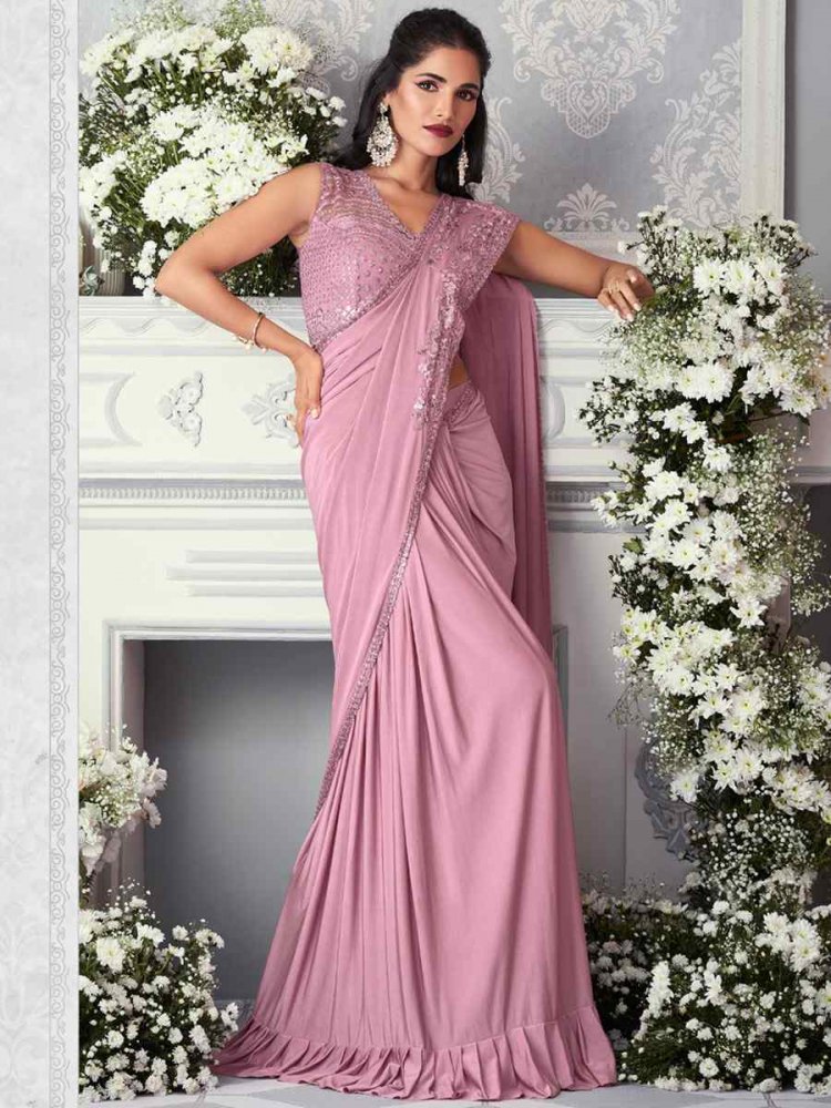 Baby Pink Net Embroidered Wedding Party Heavy Border Saree
