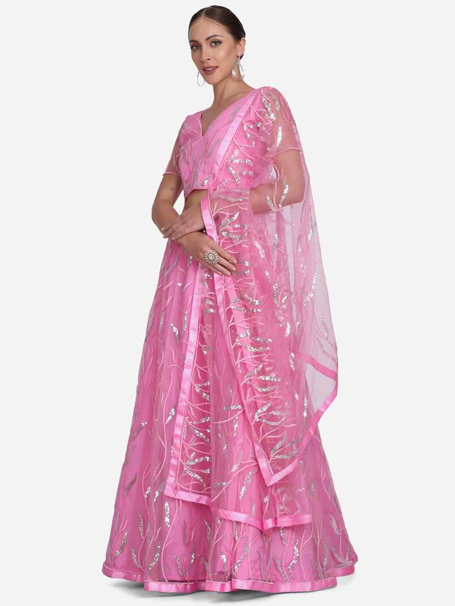 Baby Pink Net Zari Wedding Festival Circular Lehenga Choli