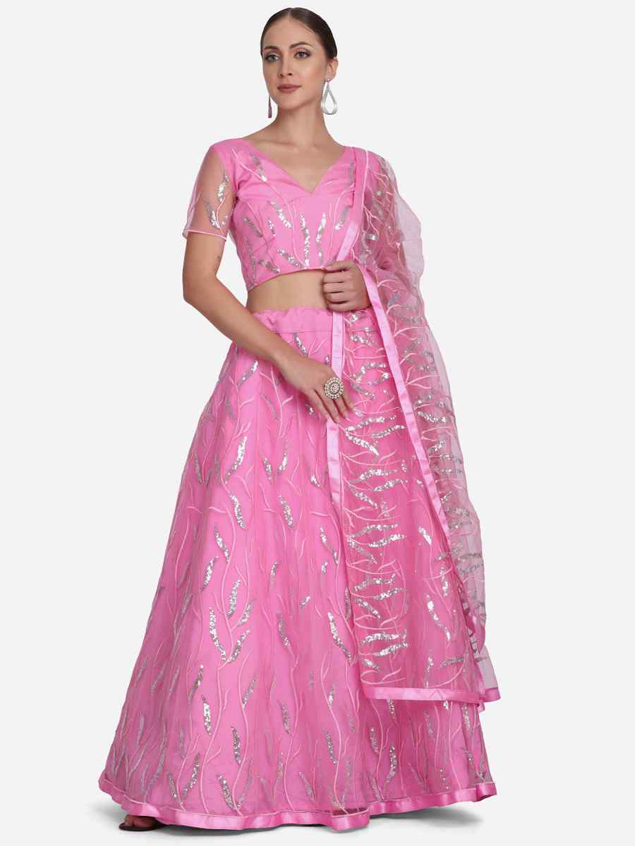 Baby Pink Net Zari Wedding Festival Circular Lehenga Choli