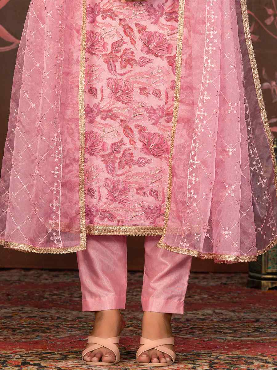 Baby Pink Organza Embroidered Casual Festival Pant Salwar Kameez