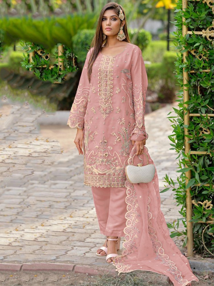 Baby Pink Organza Embroidered Festival Party Ready Pant Salwar Kameez