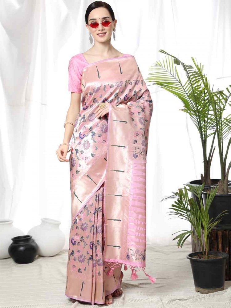 Baby Pink Paithani Silk Handwoven Wedding Festival Heavy Border Saree