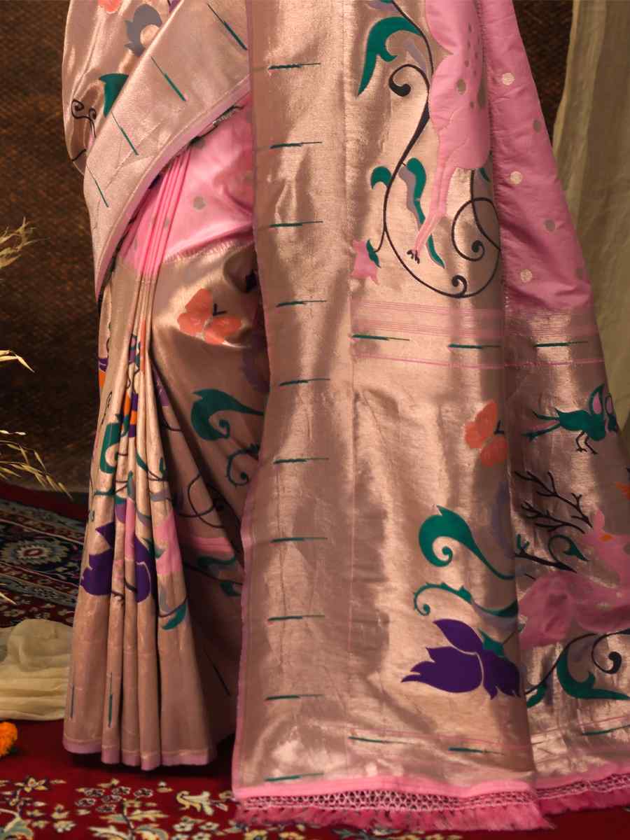 Baby Pink Paithani Silk Handwoven Wedding Festival Heavy Border Saree