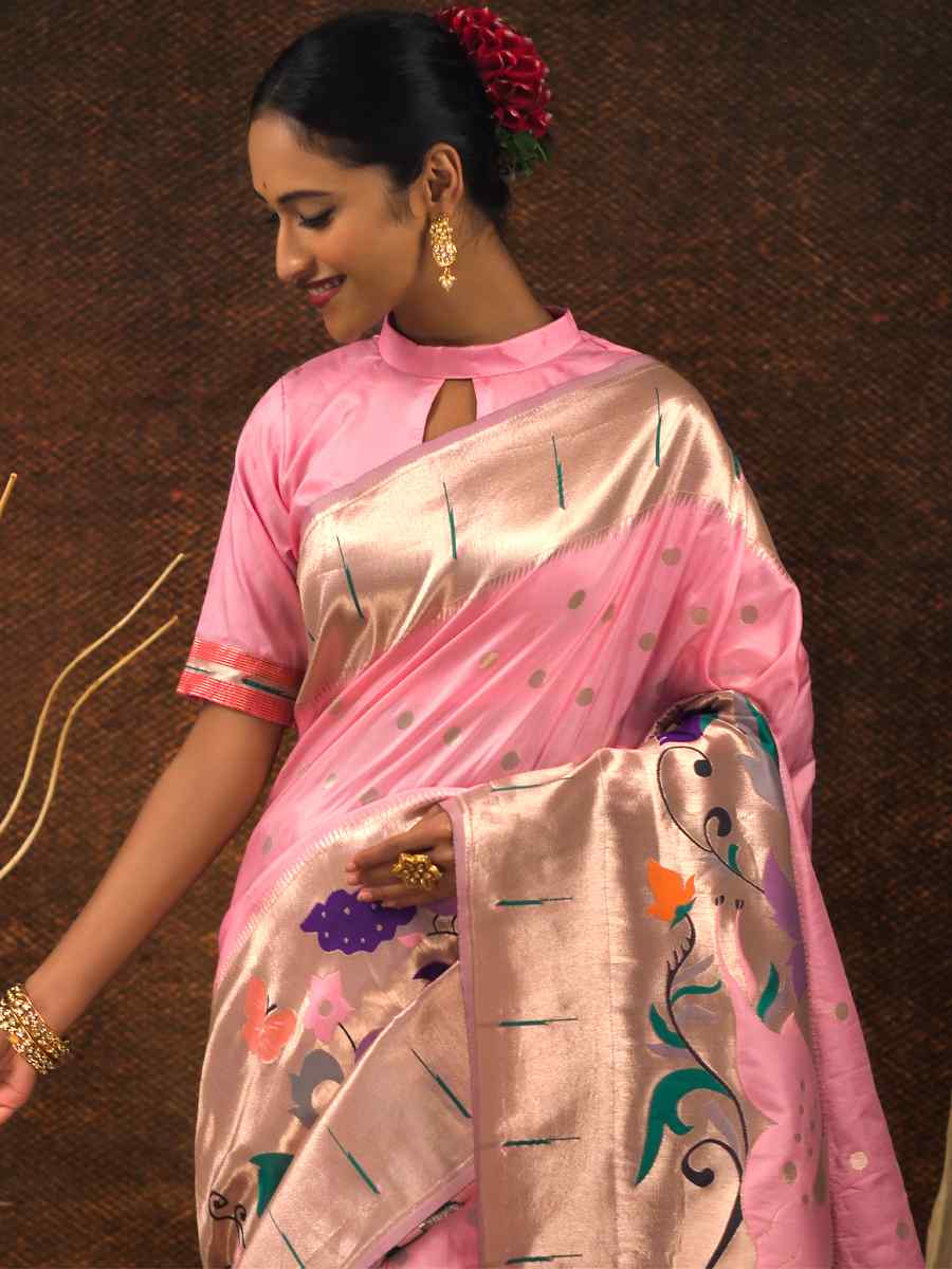 Baby Pink Paithani Silk Handwoven Wedding Festival Heavy Border Saree