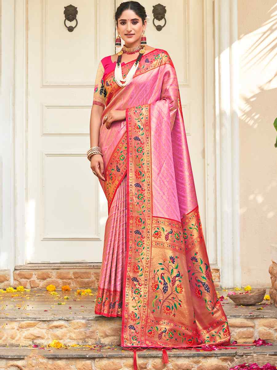 Baby Pink Paithani Silk Handwoven Wedding Festival Heavy Border Saree