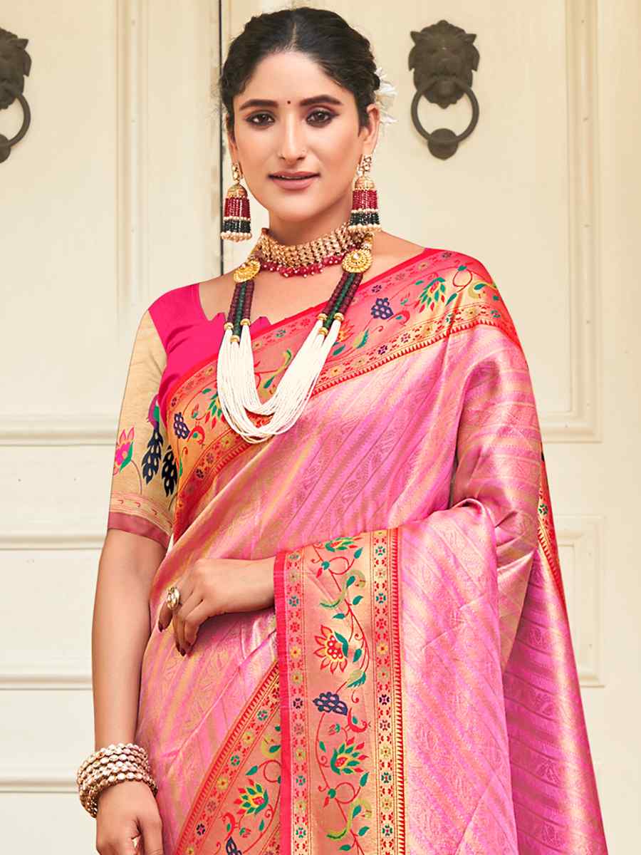 Baby Pink Paithani Silk Handwoven Wedding Festival Heavy Border Saree