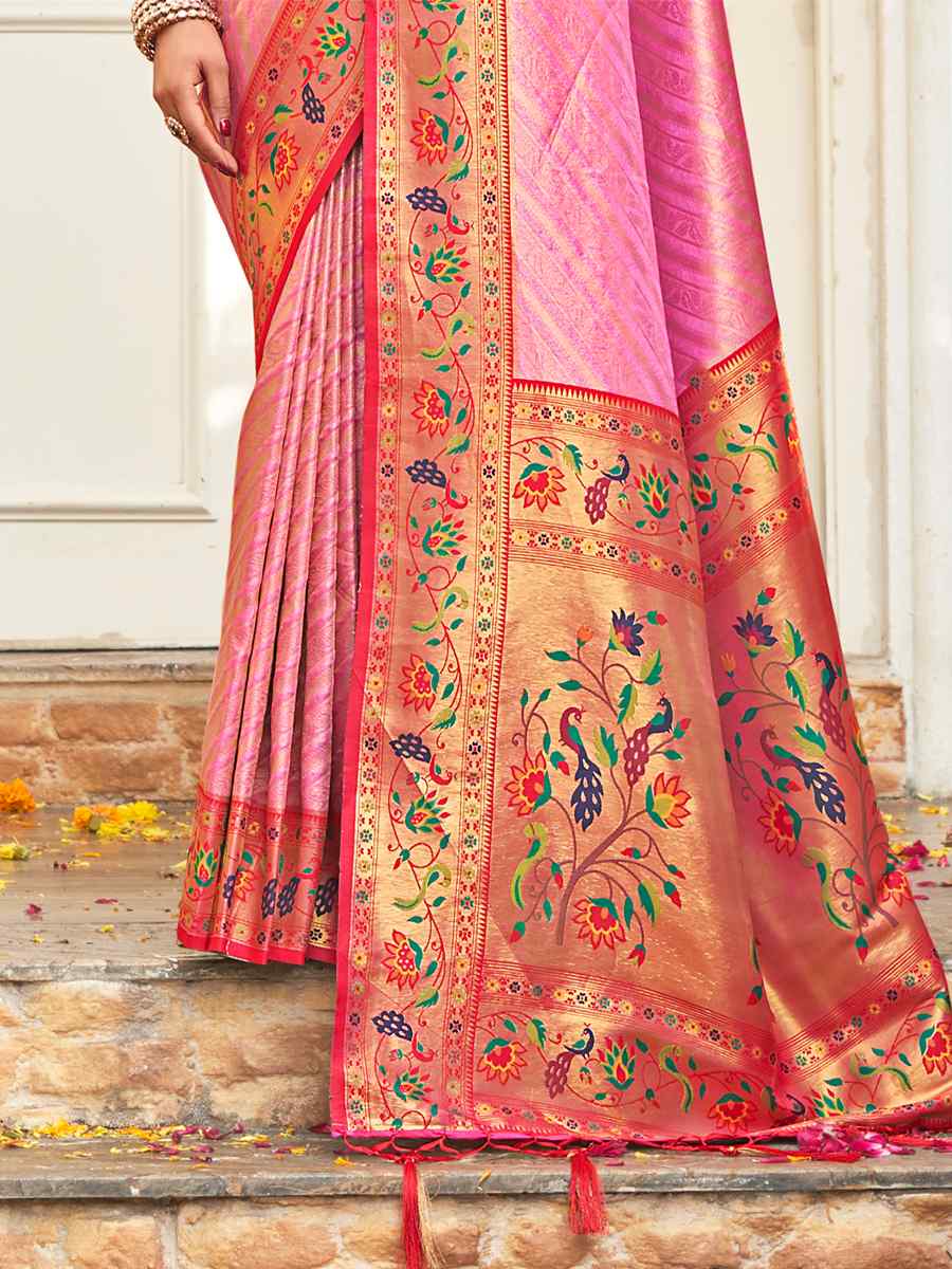 Baby Pink Paithani Silk Handwoven Wedding Festival Heavy Border Saree