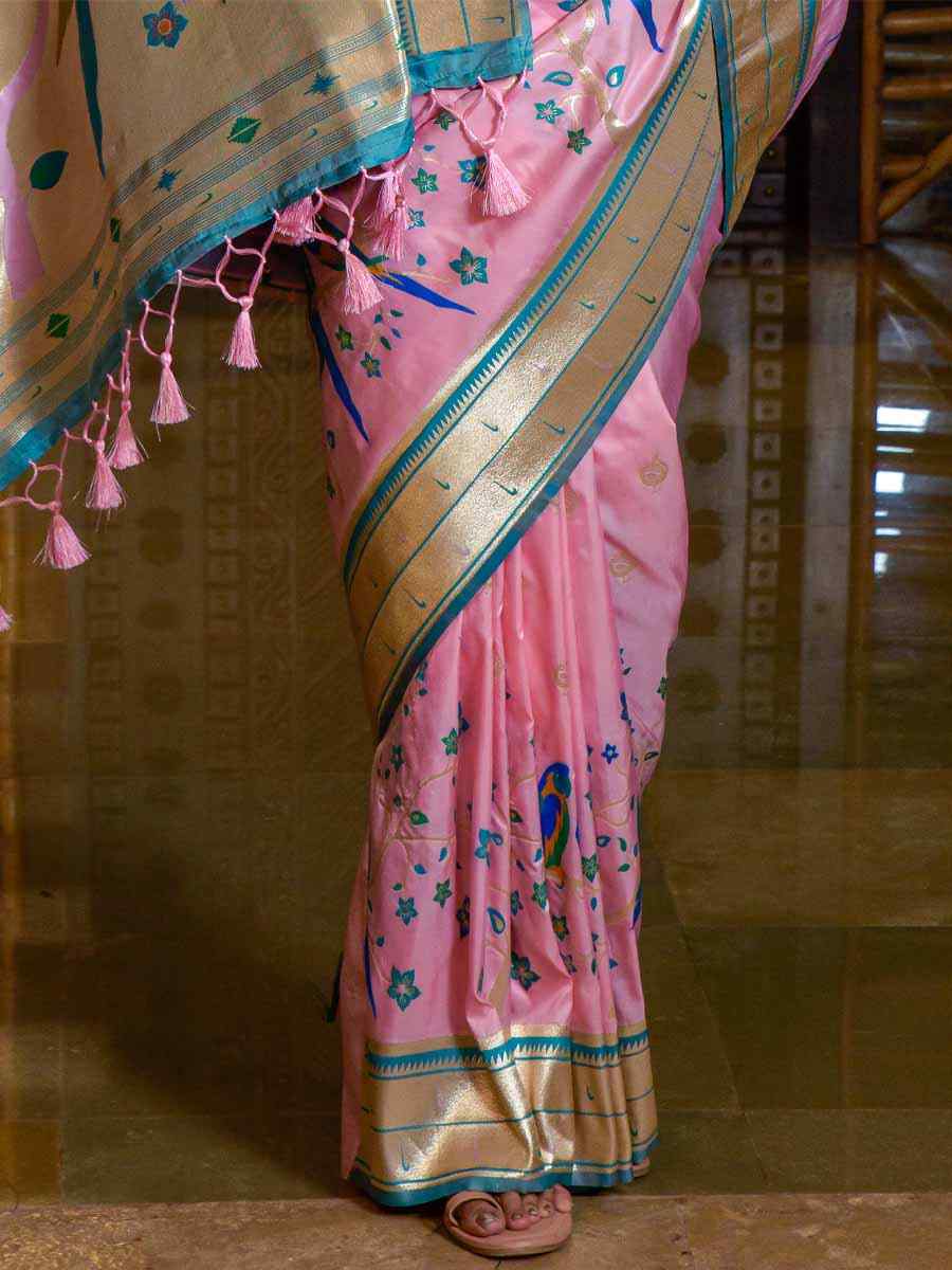 Baby Pink Paithani Silk Handwoven Wedding Festival Heavy Border Saree