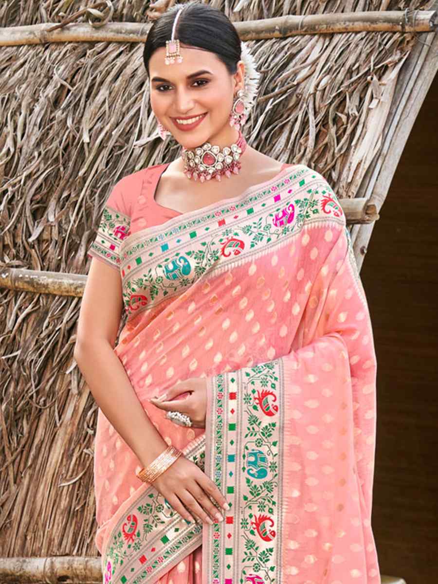 Baby Pink Paithani Silk Handwoven Wedding Festival Heavy Border Saree
