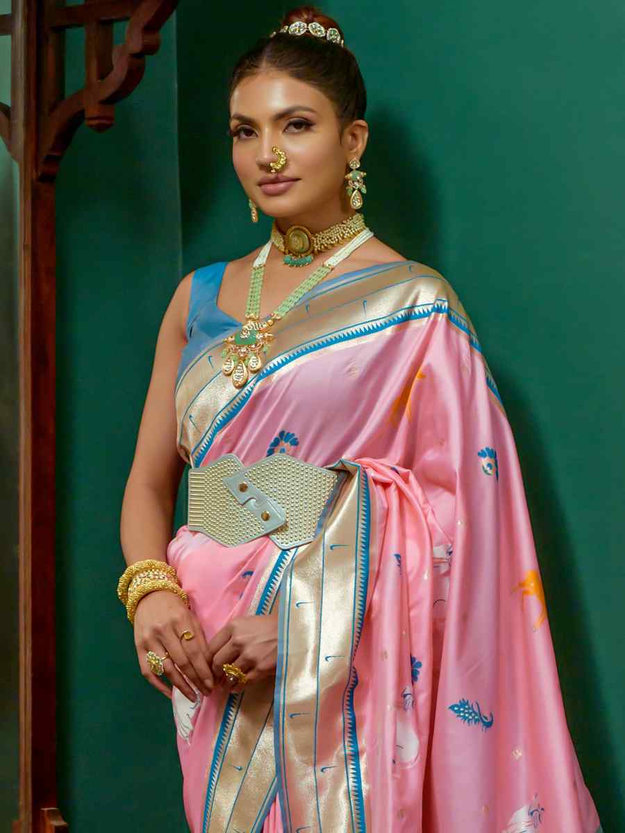 Baby Pink Paithani Silk Handwoven Wedding Festival Heavy Border Saree