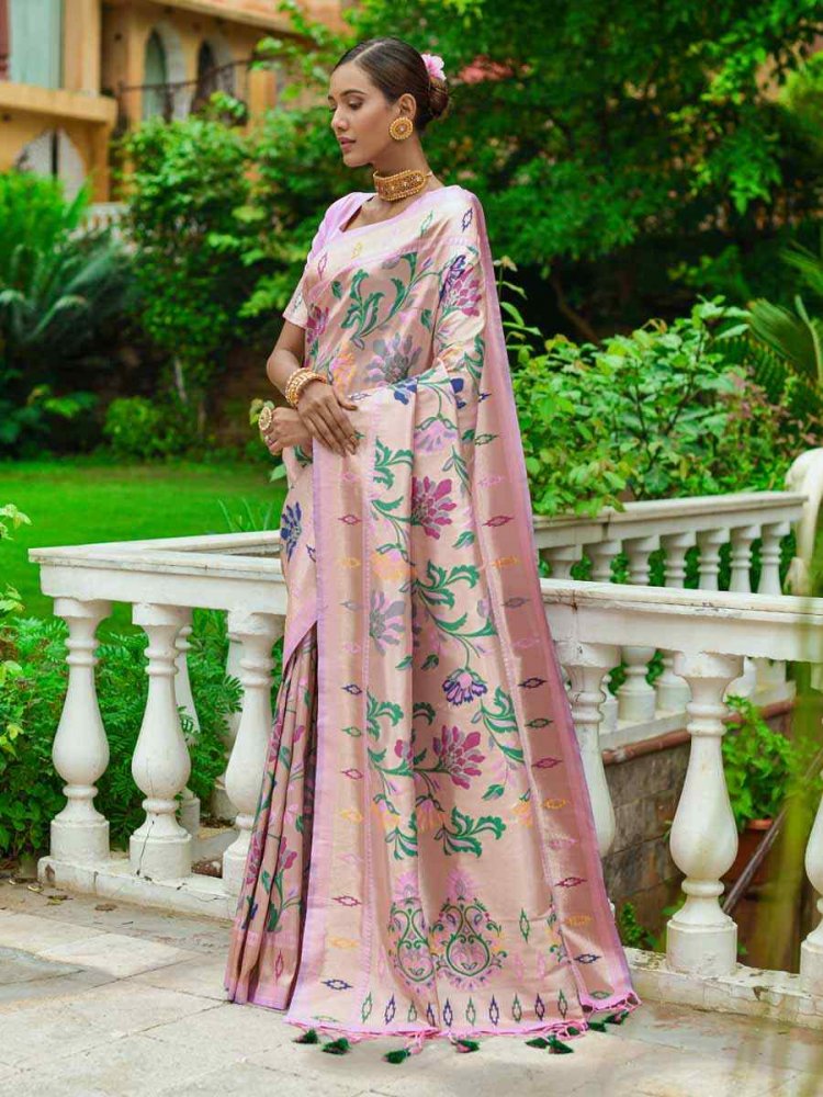 Baby Pink Paithani Silk Handwoven Wedding Festival Heavy Border Saree