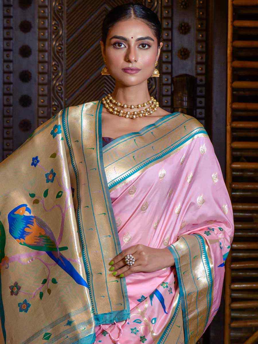 Baby Pink Paithani Silk Handwoven Wedding Festival Heavy Border Saree